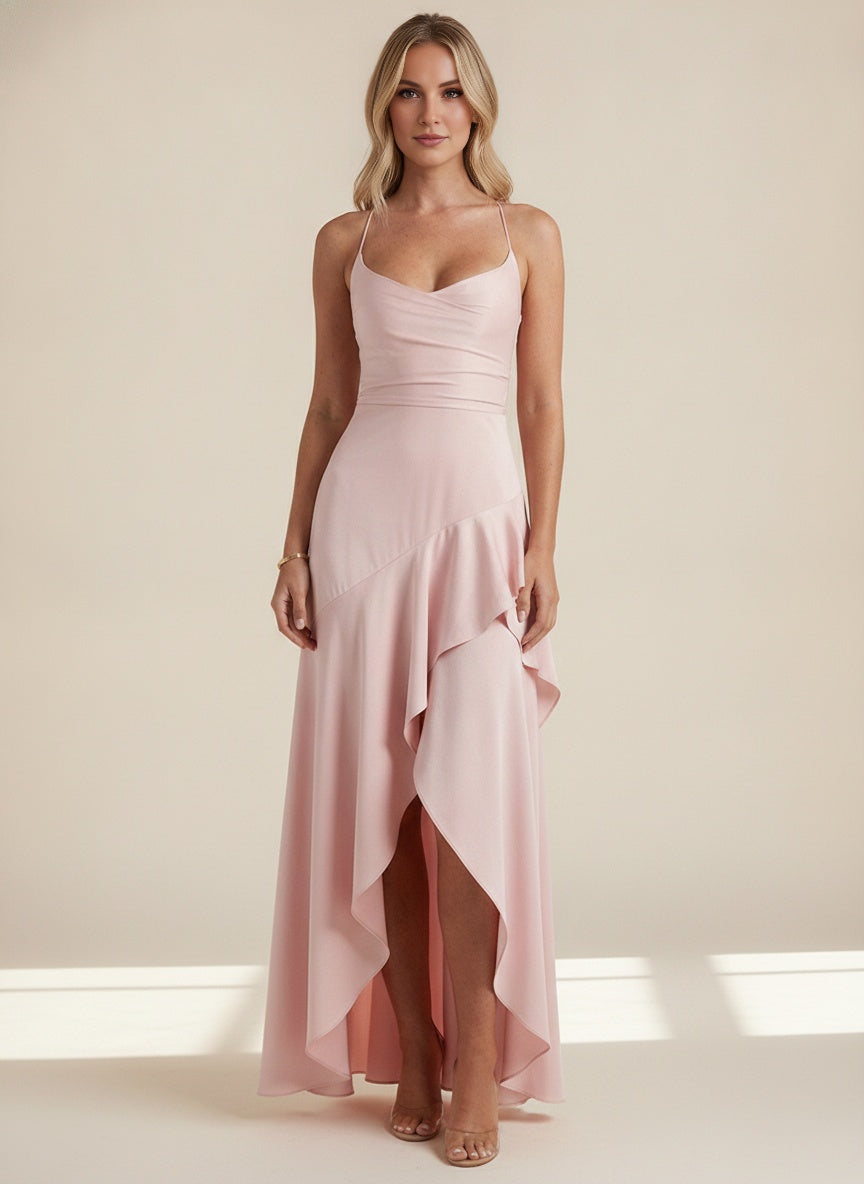 Satin Ruffle Maxi Dress — Pink