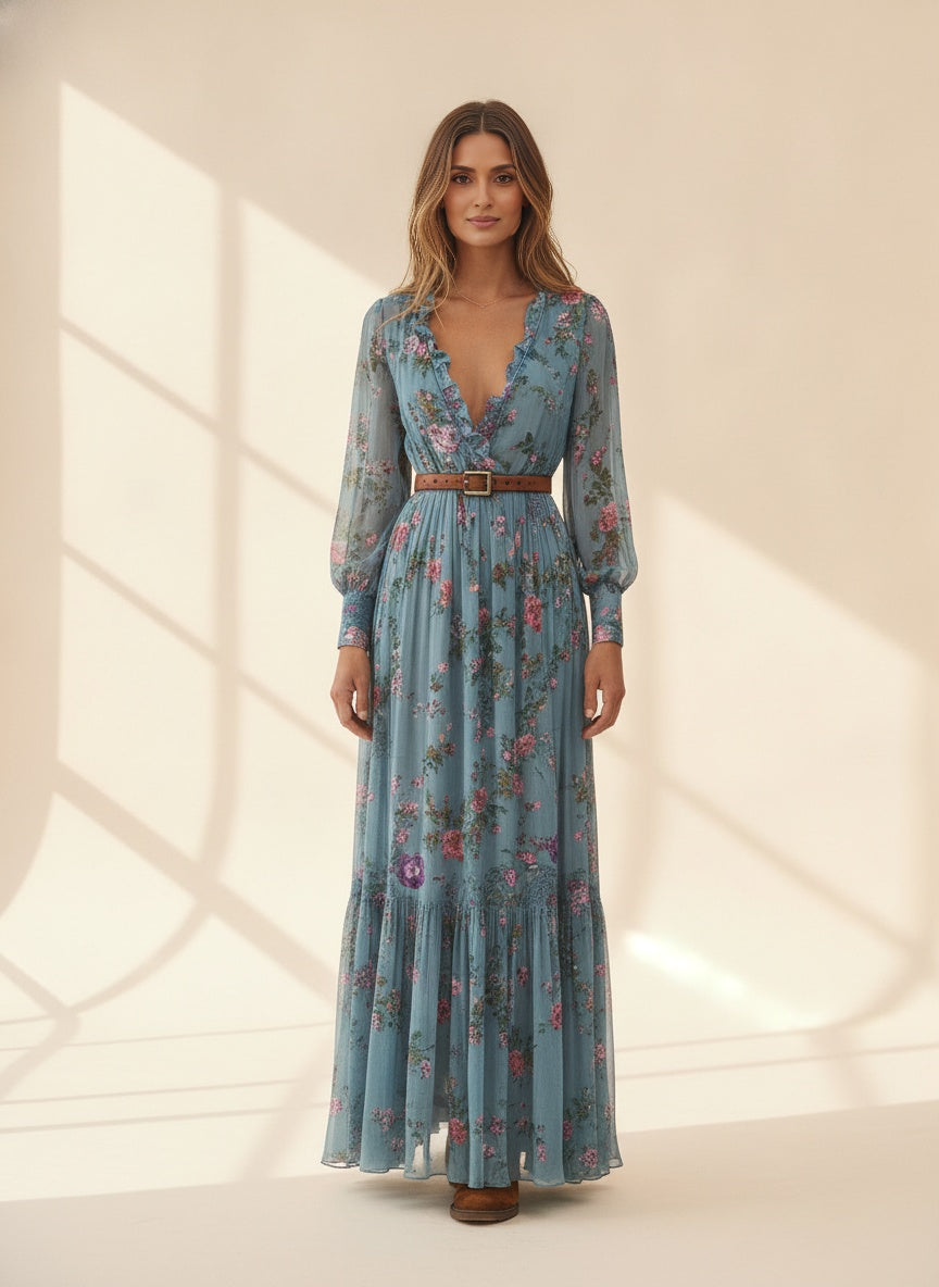 Floral Ruffle Maxi Dress — Blue