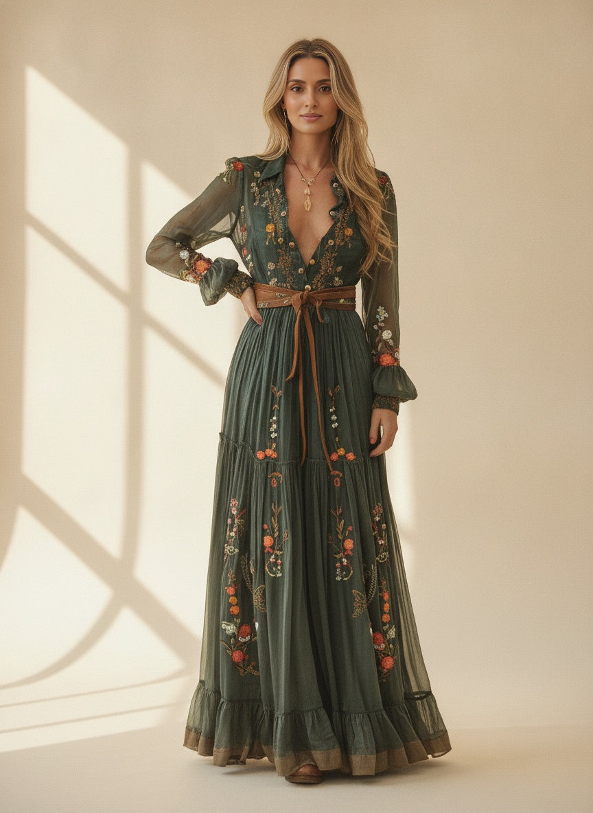 Floral Ruffle Maxi Dress — Dark Green