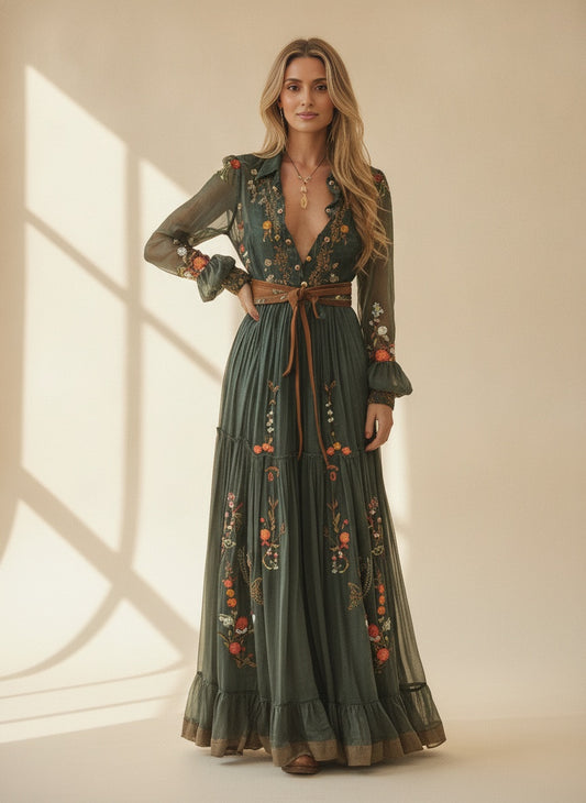Floral Ruffle Maxi Dress — Dark Green