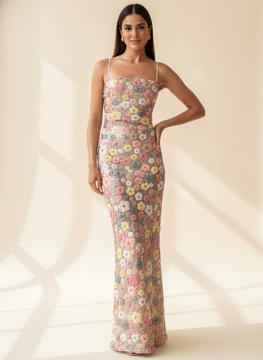 Floral Sequin Square Neck Maxi Dress — Pink