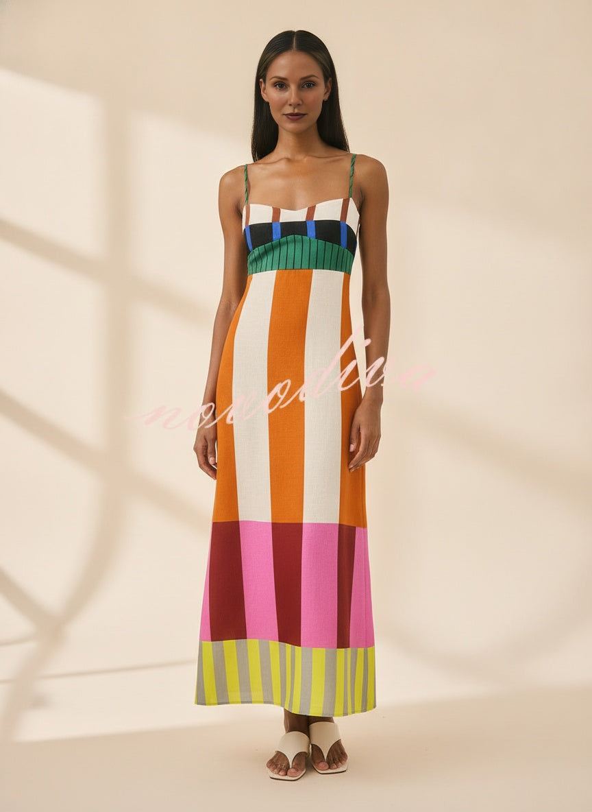 Colour Block Linen Blend Midi Dress — Multicolour