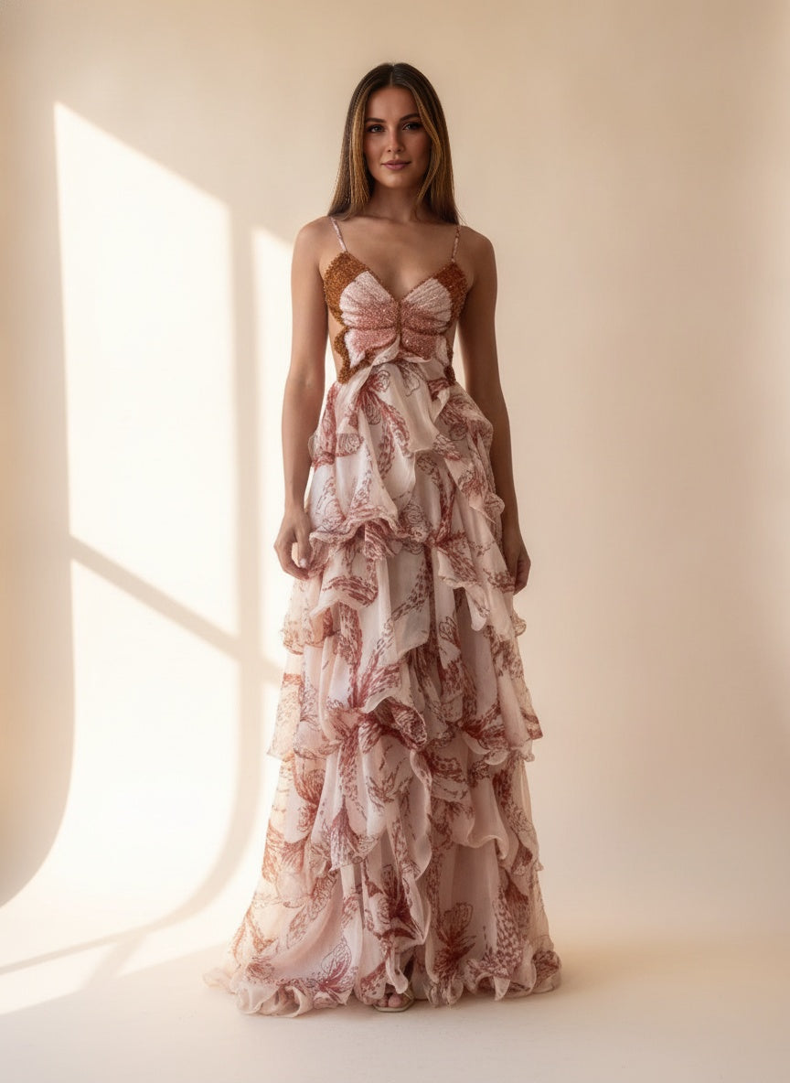 Butterfly Print Ruffle Backless Maxi Dress — Red