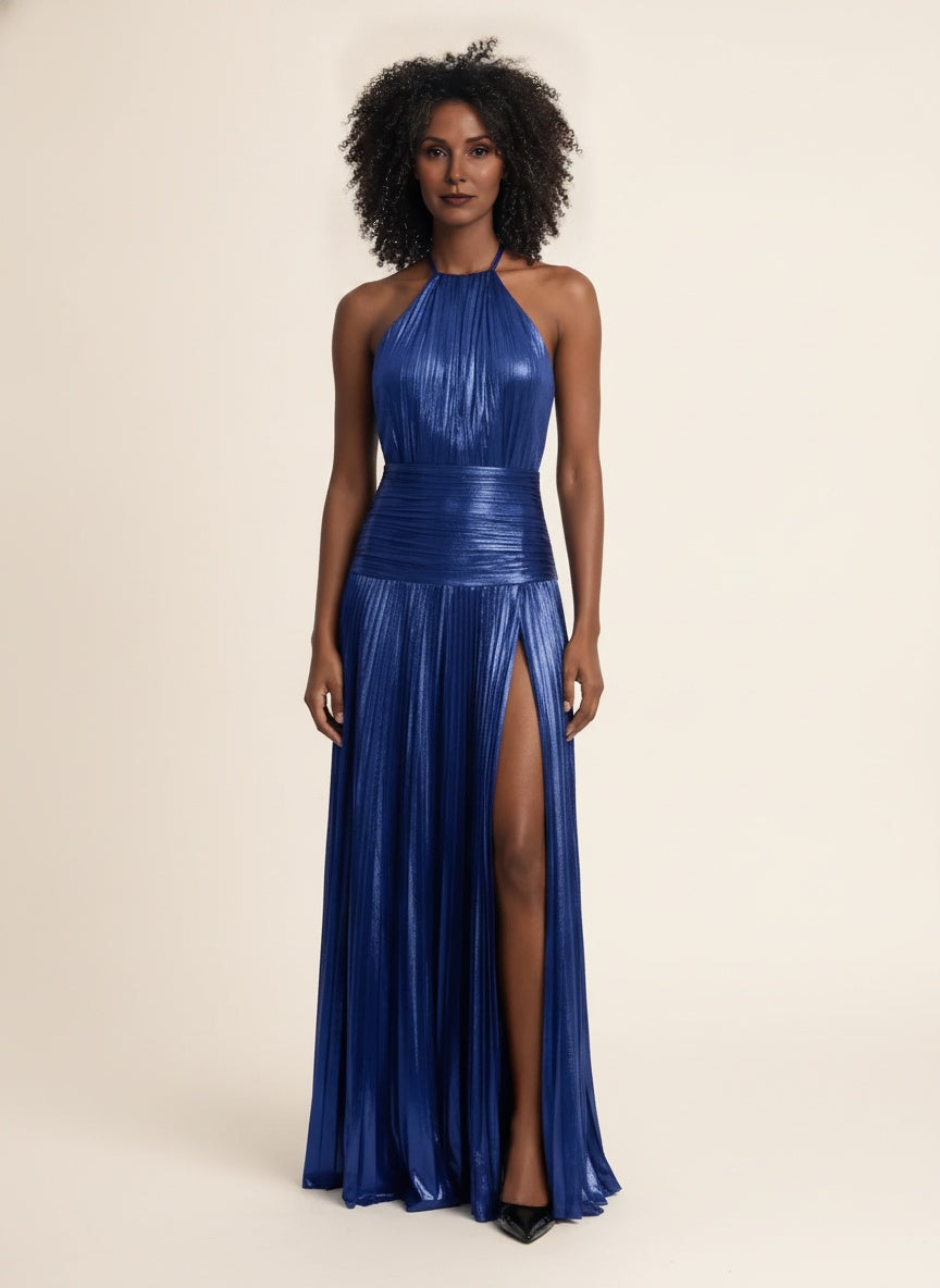 Metallic Pleated Halter Neck Maxi Dress — Blue