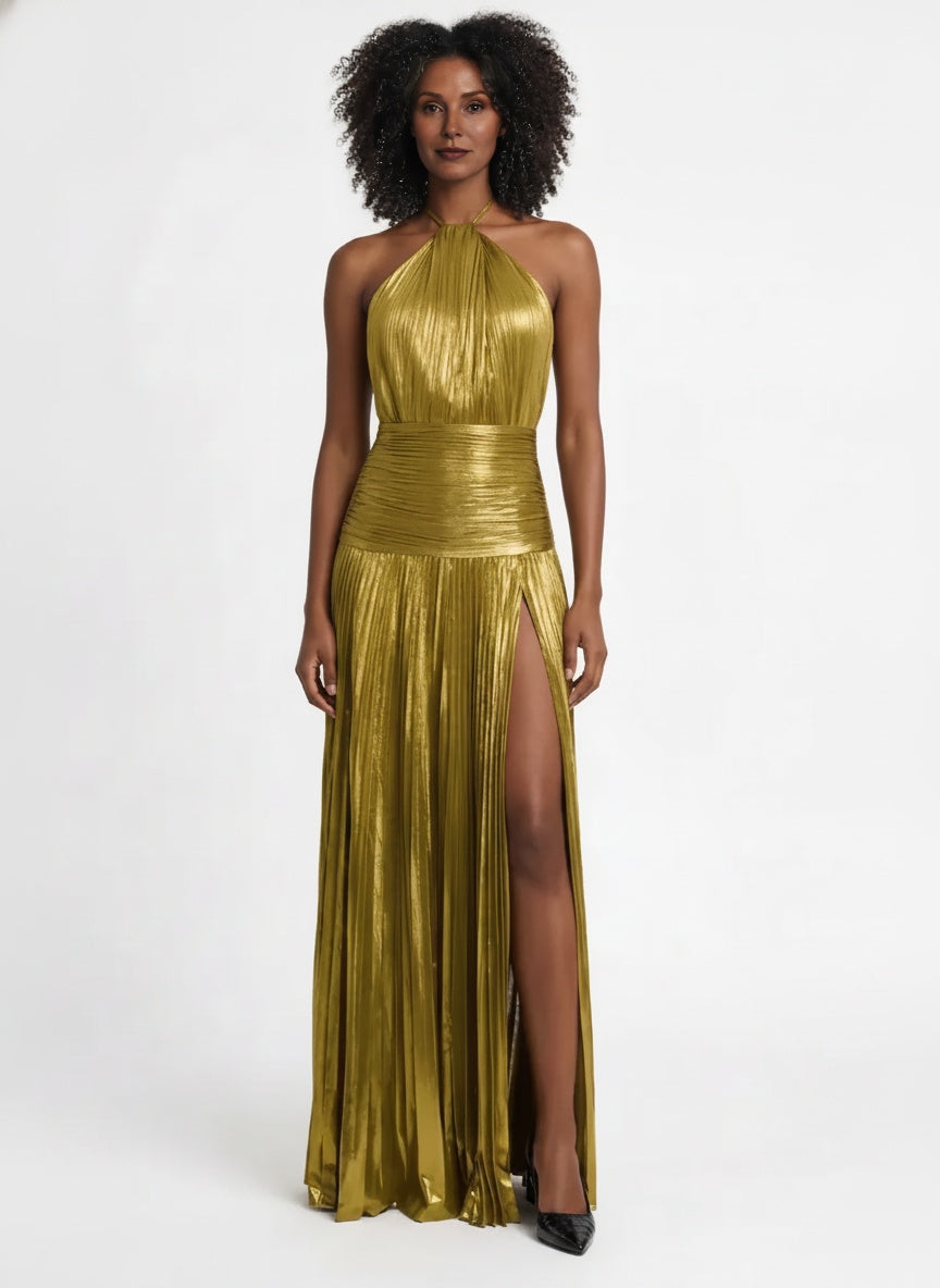 Metallic Pleated Halter Neck Maxi Dress — Gold