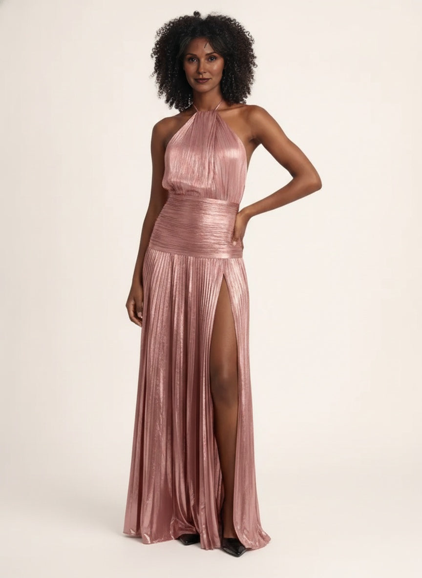 Metallic Pleated Halter Neck Maxi Dress — Pink