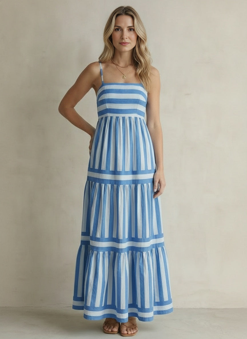 Candessa Tiered Stripe Strappy Maxi Dress — Blue