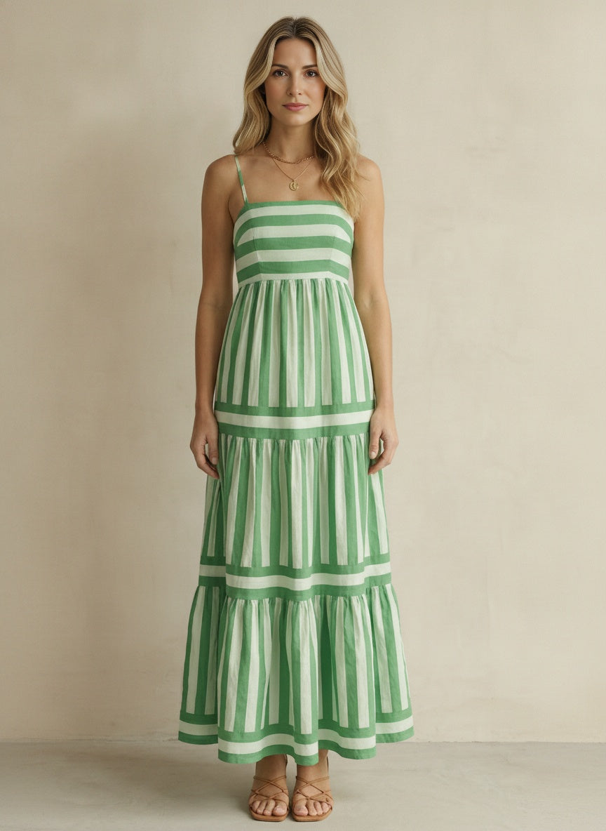 Candessa Tiered Stripe Strappy Maxi Dress — Green