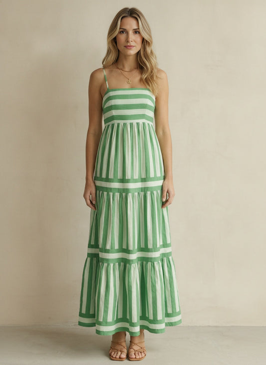 Candessa Tiered Stripe Strappy Maxi Dress — Green