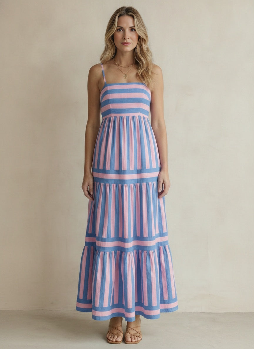 Candessa Tiered Stripe Strappy Maxi Dress — Purple