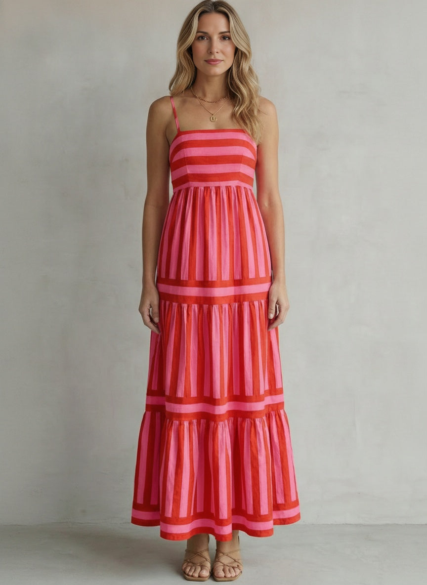 Candessa Tiered Stripe Strappy Maxi Dress — Red