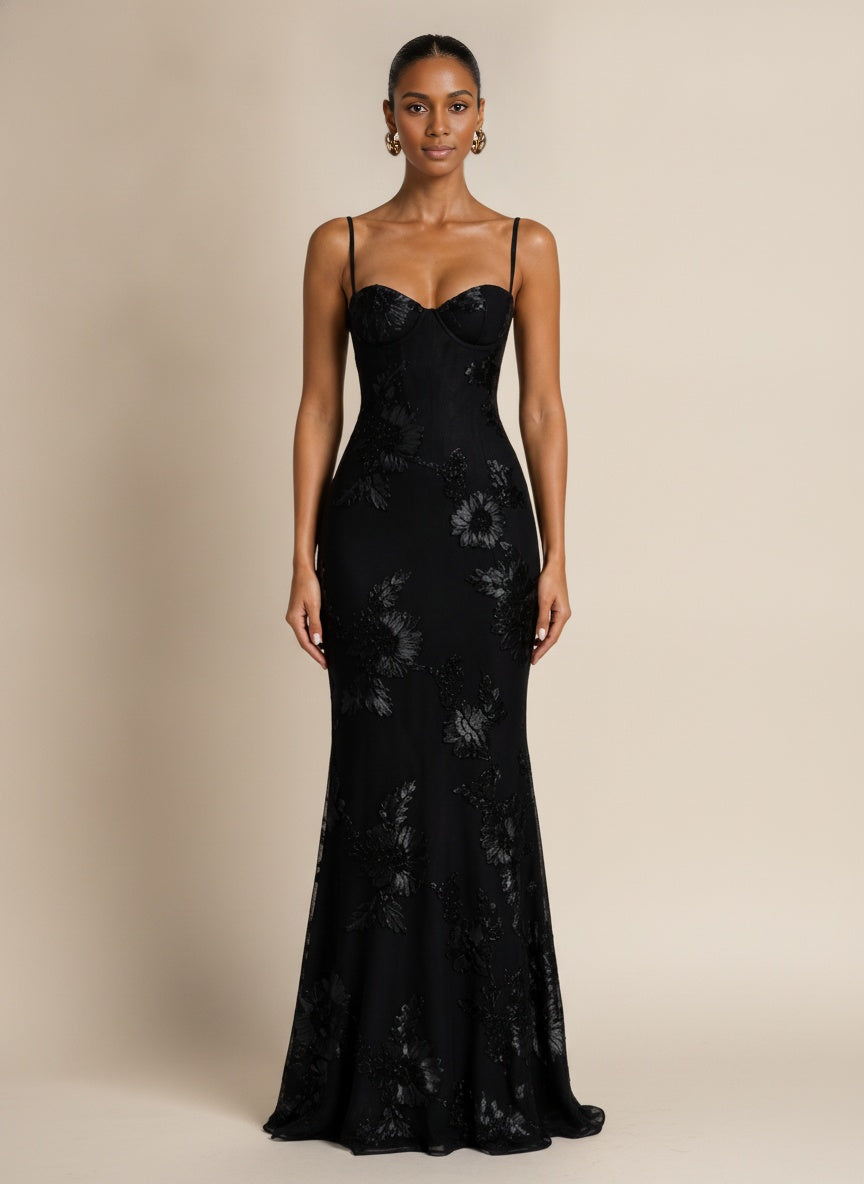 Floral Embroidered Corset Cami Maxi Dress — Black