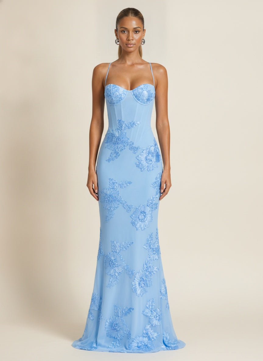 Floral Embroidered Corset Cami Maxi Dress — Blue