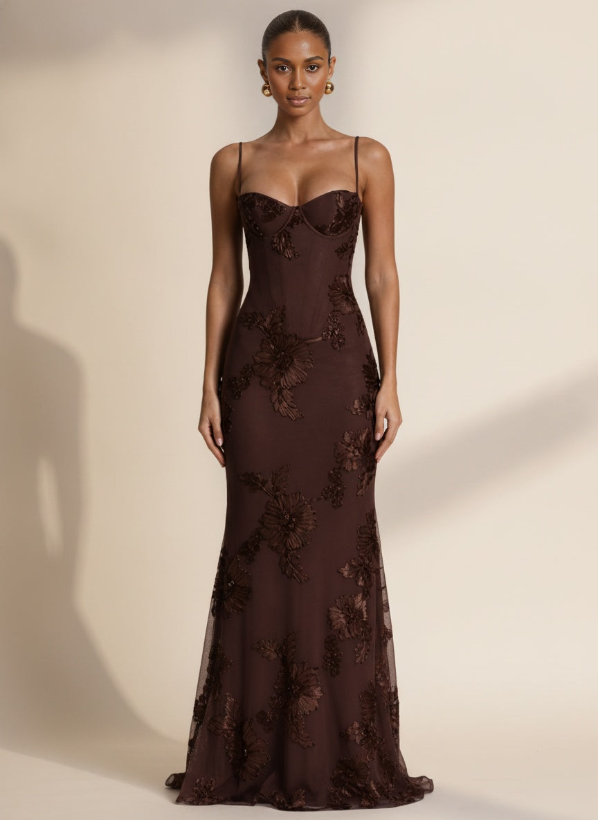 Floral Embroidered Corset Cami Maxi Dress — Brown