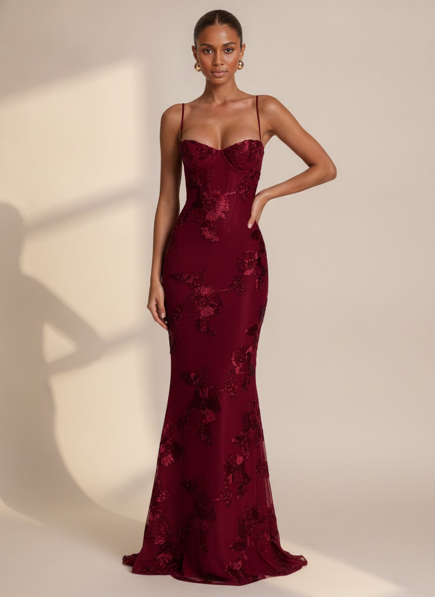 Floral Embroidered Corset Cami Maxi Dress — Burgundy
