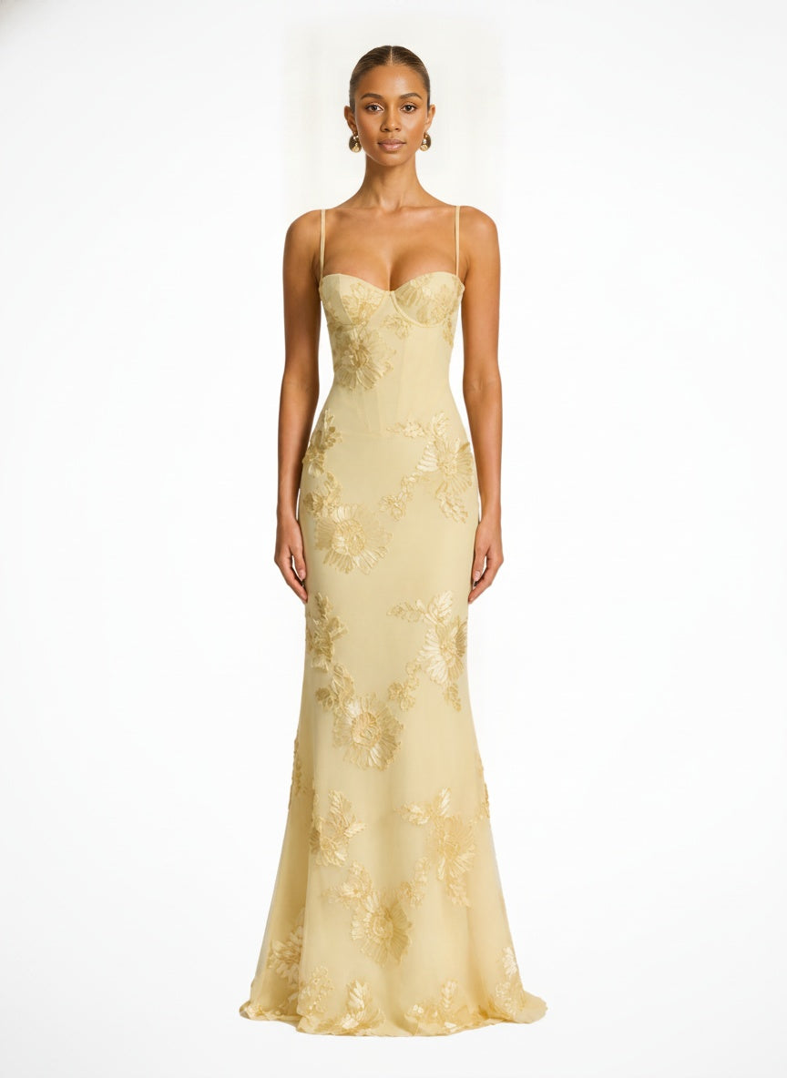 Floral Embroidered Corset Cami Maxi Dress — Yellow