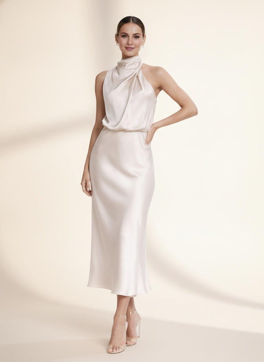 Amelina Halter Neck Satin Midi Dress — Champagne