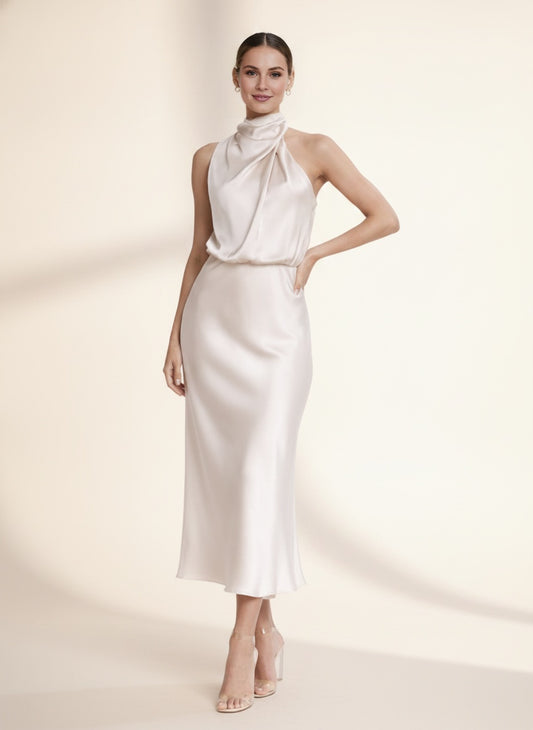 Amelina Halter Neck Satin Midi Dress — Champagne