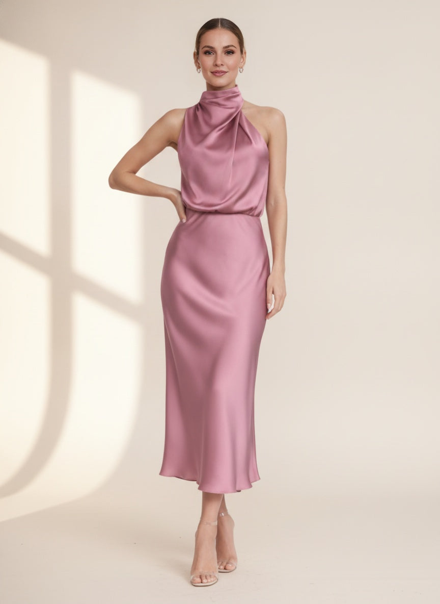 Amelina Halter Neck Satin Midi Dress — Pink