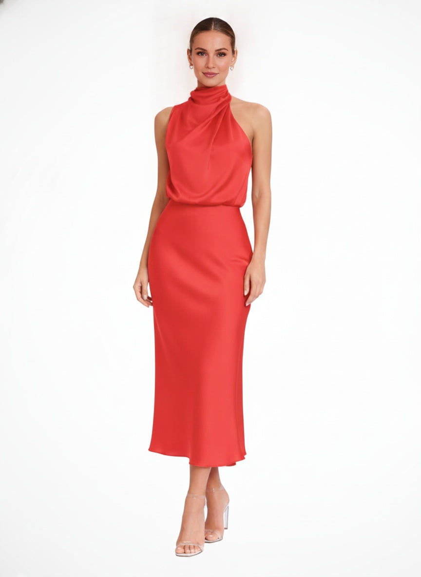 Amelina Halter Neck Satin Midi Dress — Red