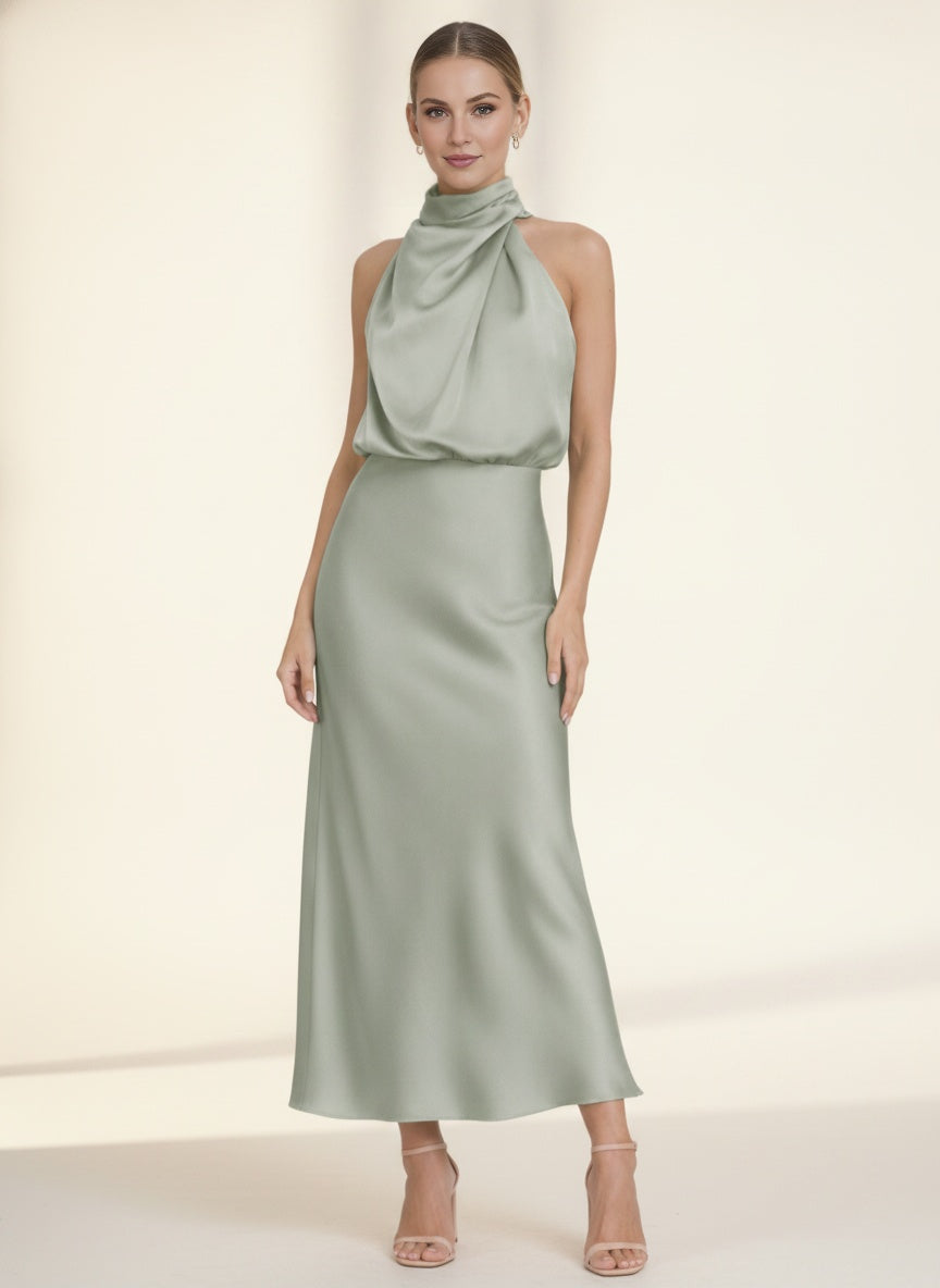 Amelina Halter Neck Satin Midi Dress — Sage Green