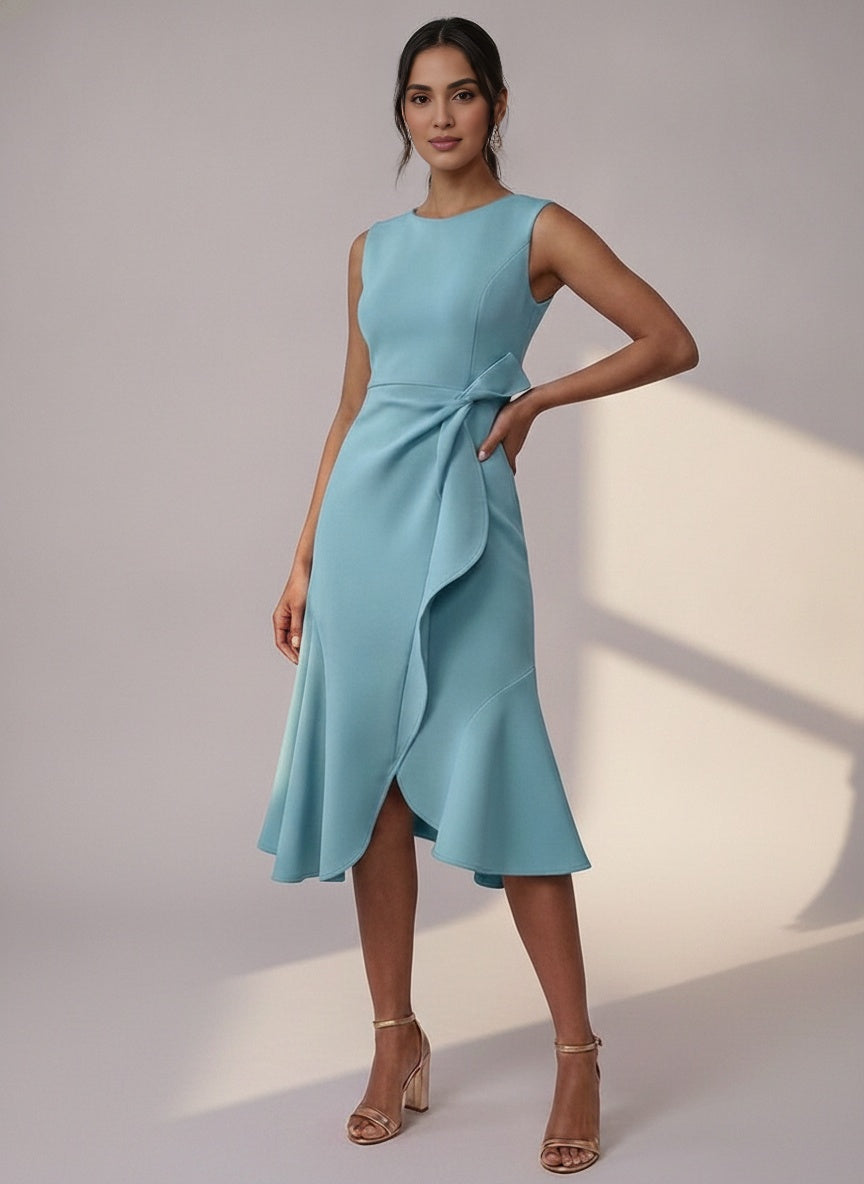 Ruffle Front Tie-Waist Midi Dress — Blue