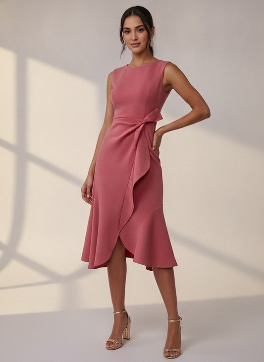 Ruffle Front Tie-Waist Midi Dress — Pink