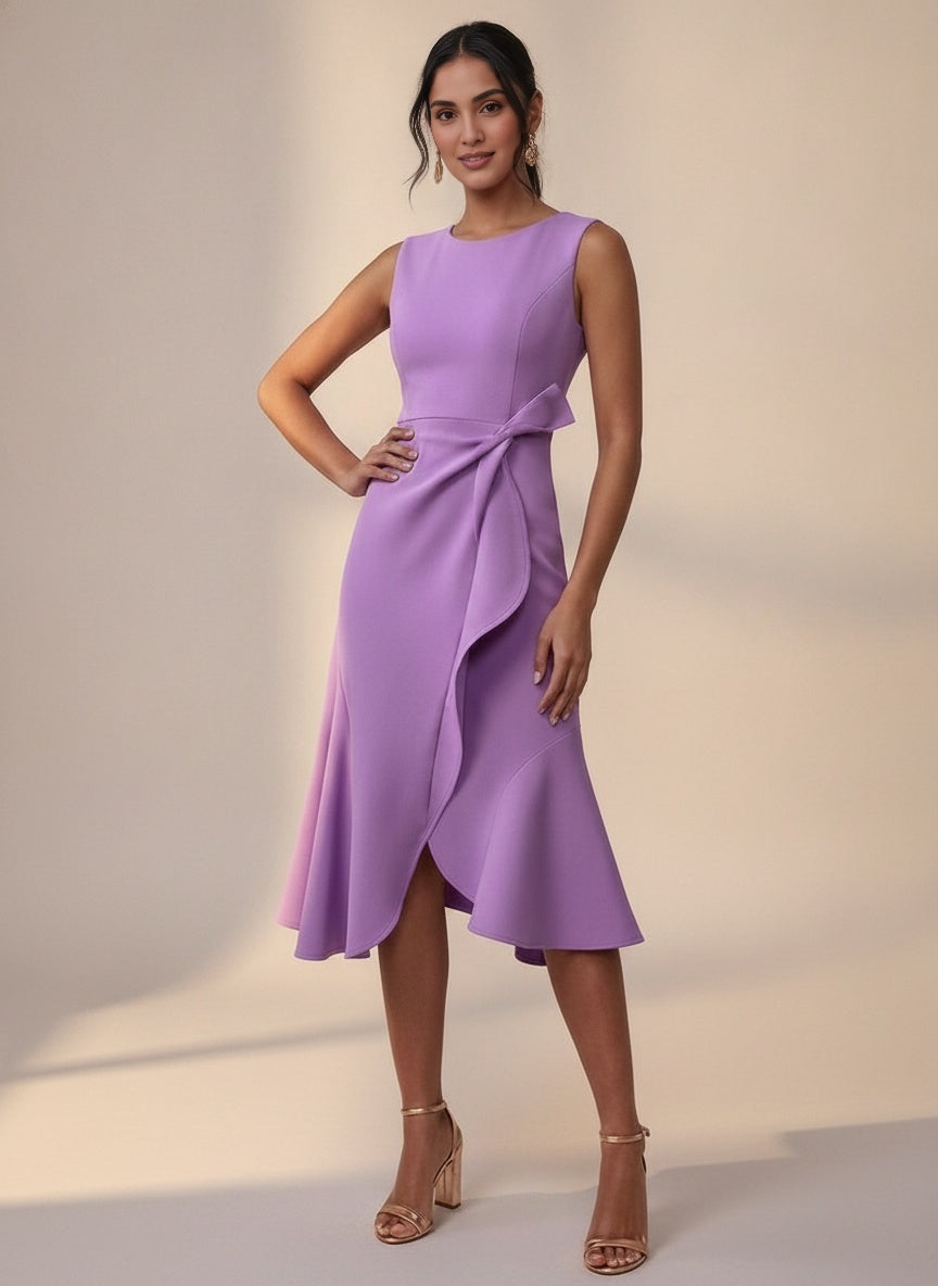 Ruffle Front Tie-Waist Midi Dress — Purple
