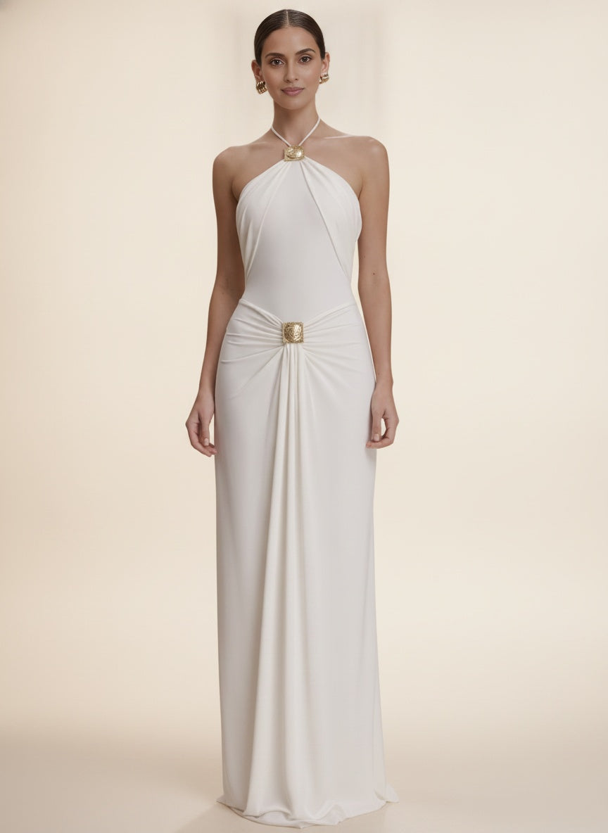 Celestine Halter Neck Backless Maxi Dress — White