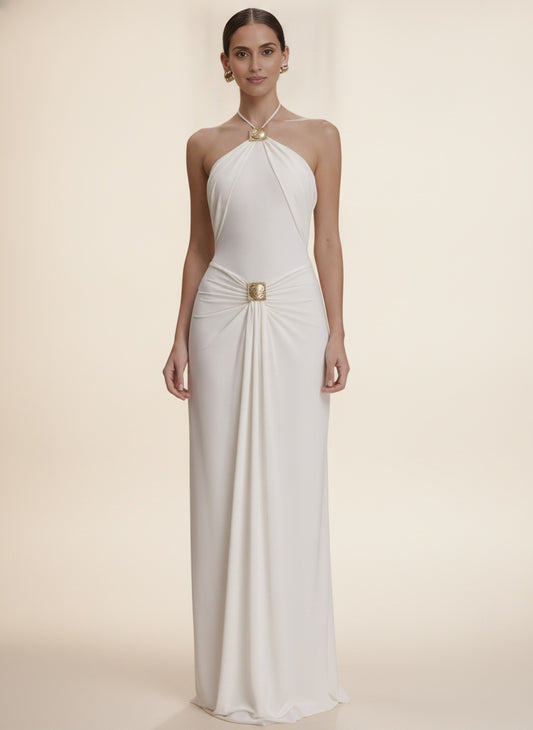 Celestine Halter Neck Backless Maxi Dress — White