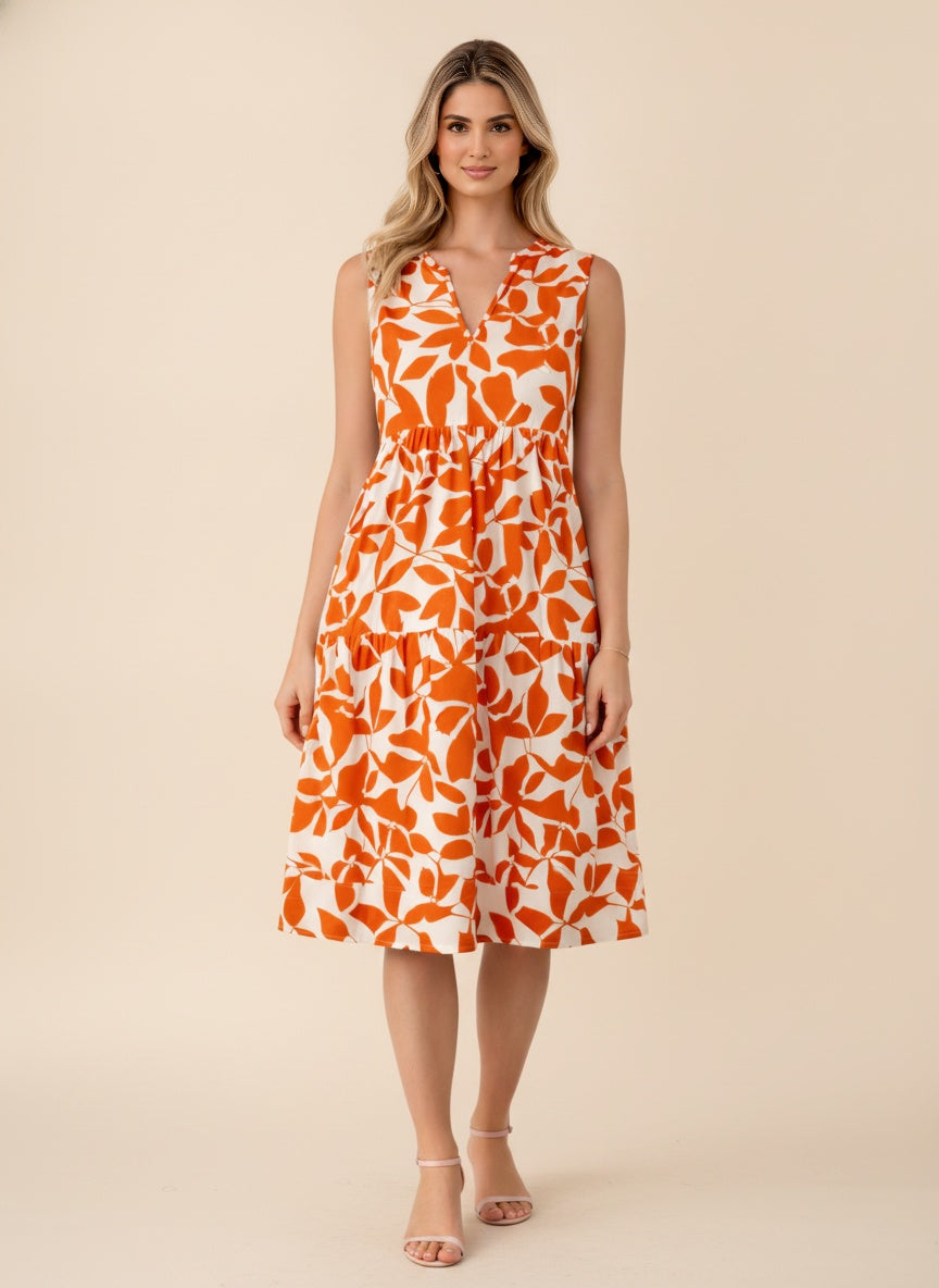 Amelia Sleeveless V-Neck Midi Dress — Orange