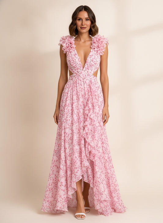 Clemence Floral Ruffle Maxi Dress — Pink