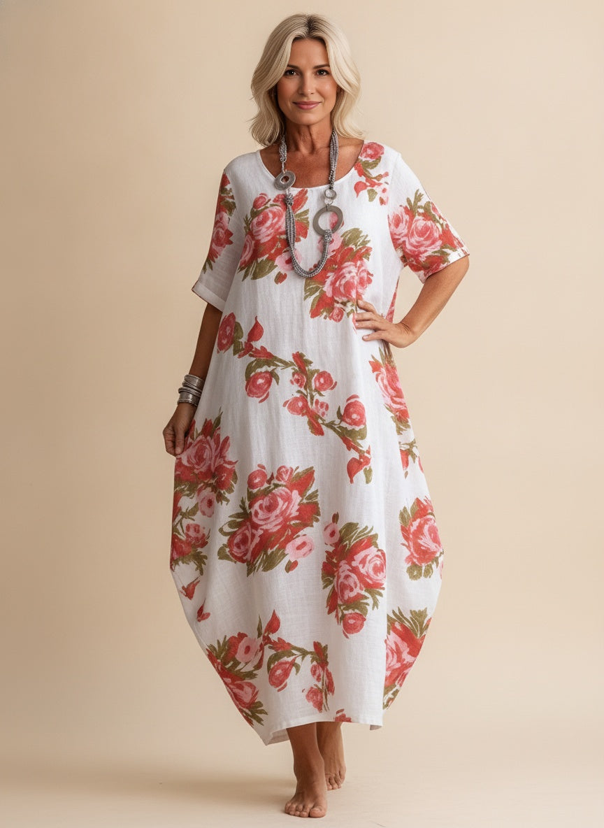 Bohemian Floral Cotton Linen Midi Dress — Red