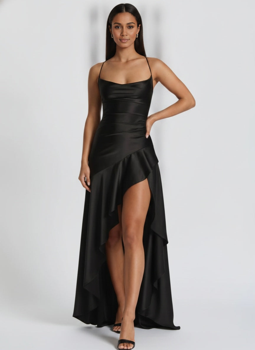 Lucia Ruffle Hem Satin Maxi Dress — Black