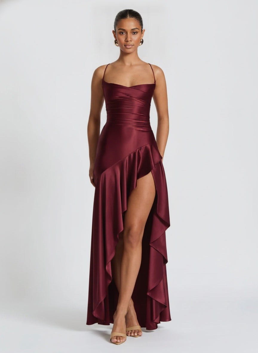 Lucia Ruffle Hem Satin Maxi Dress — Wine Red