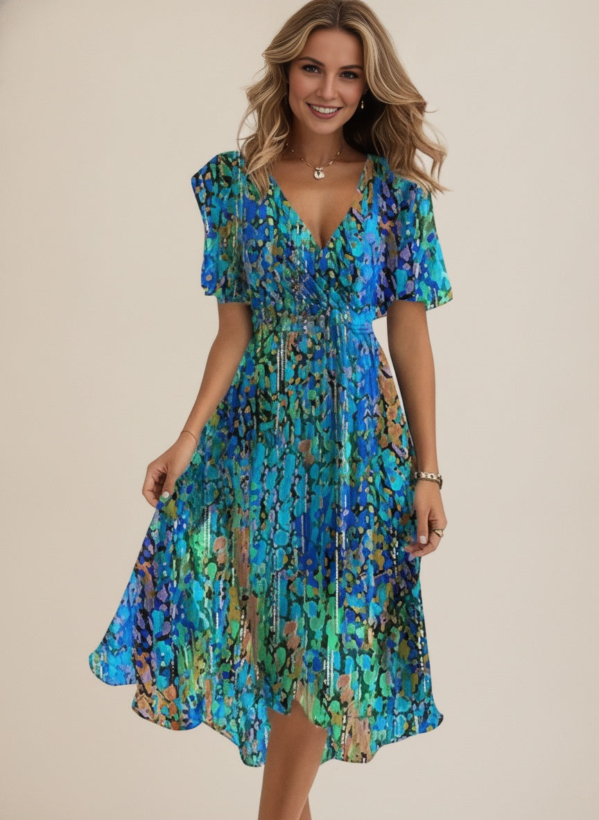 Floral Wrap Midi Dress — Blue