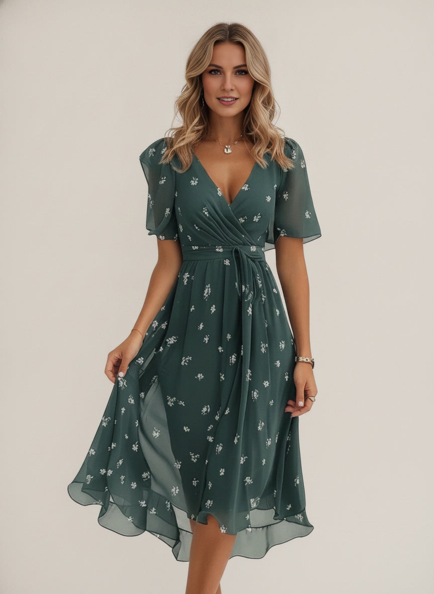 Floral Wrap Midi Dress — Green