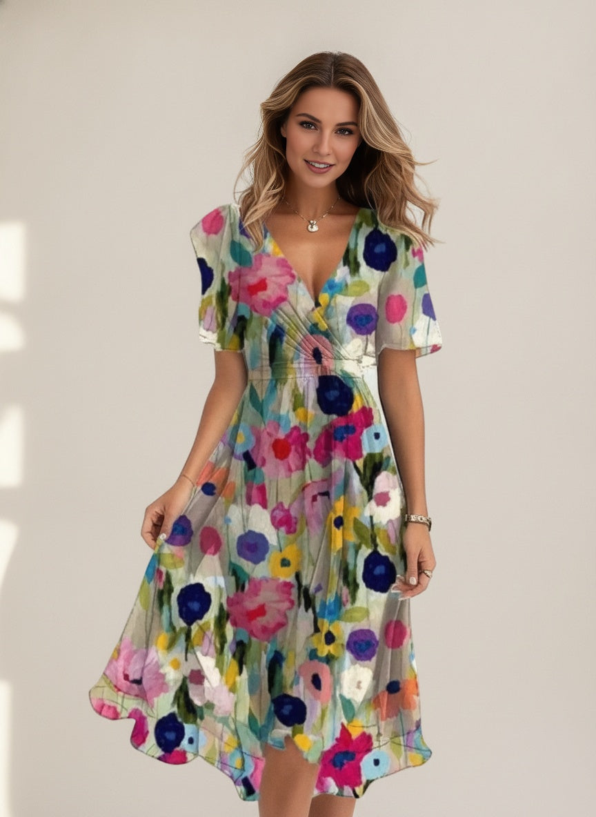 Floral Wrap Midi Dress — Multicolour