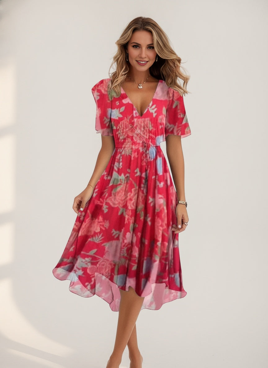 Floral Wrap Midi Dress — Red