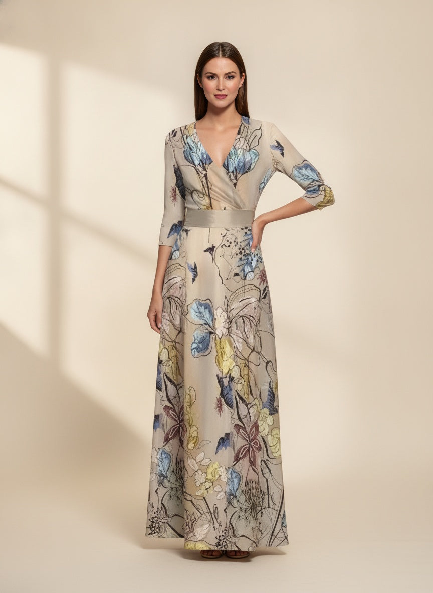 Floral Wrap V-Neck Maxi Dress — Khaki