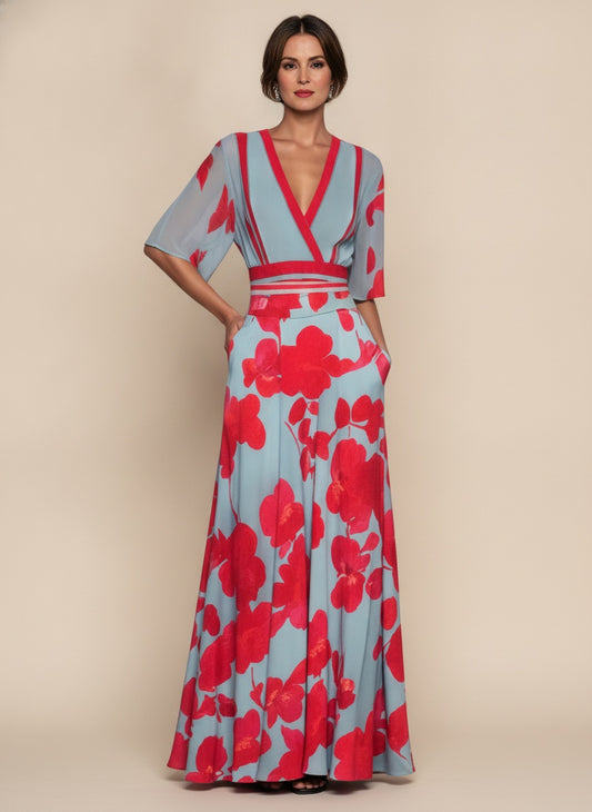 Floral Wrap V-Neck Maxi Dress — Red