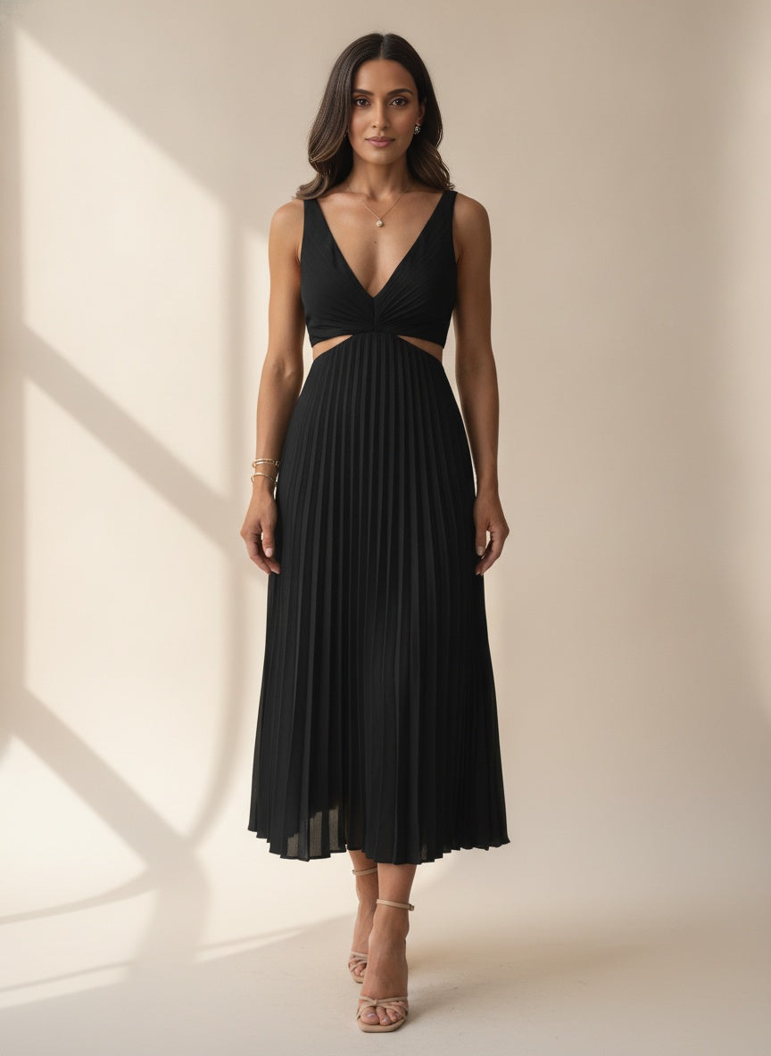 Pleated Midi Dress with Flutter Sleeves — Black