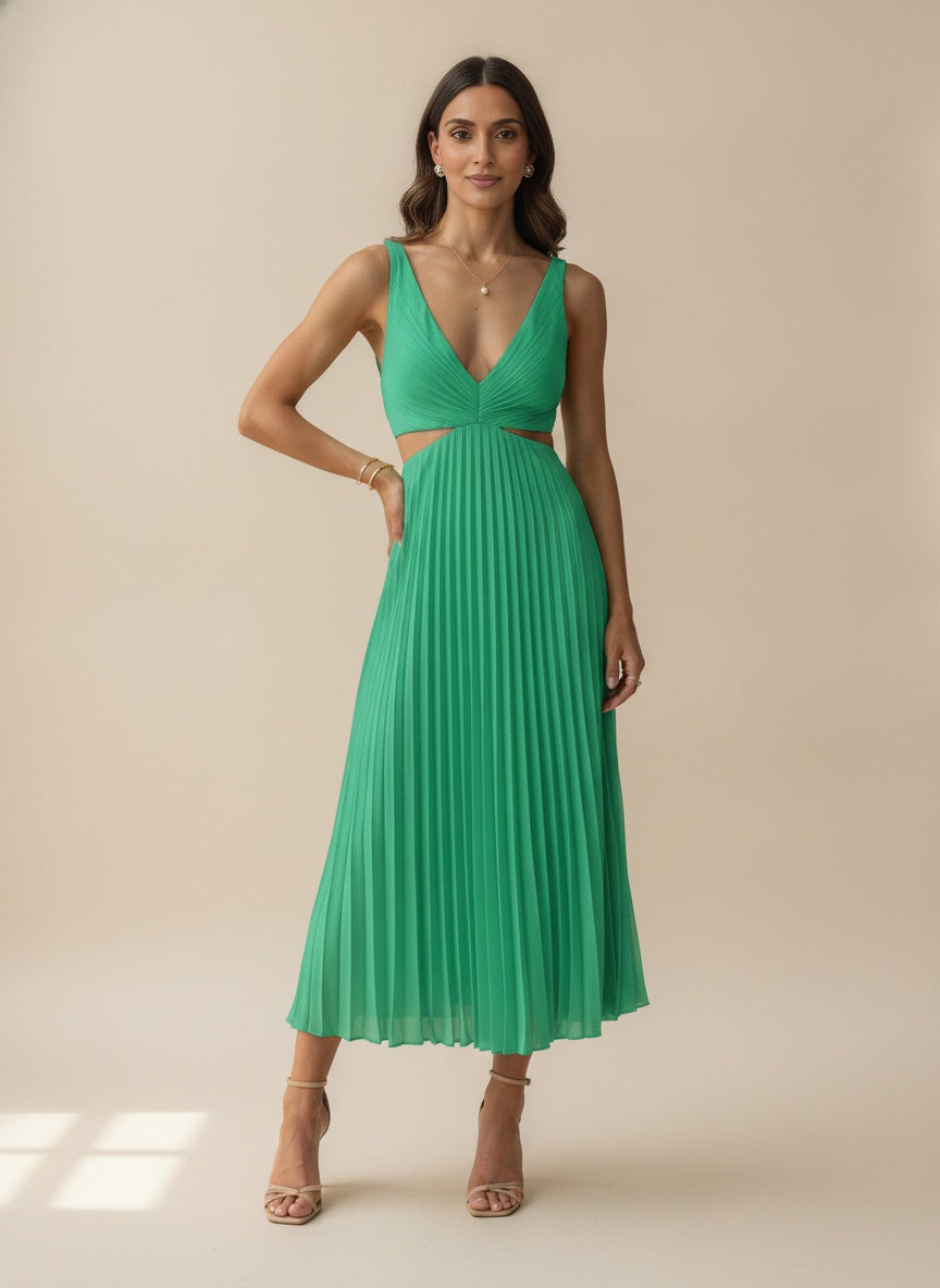 Pleated Midi Dress with Flutter Sleeves — Green