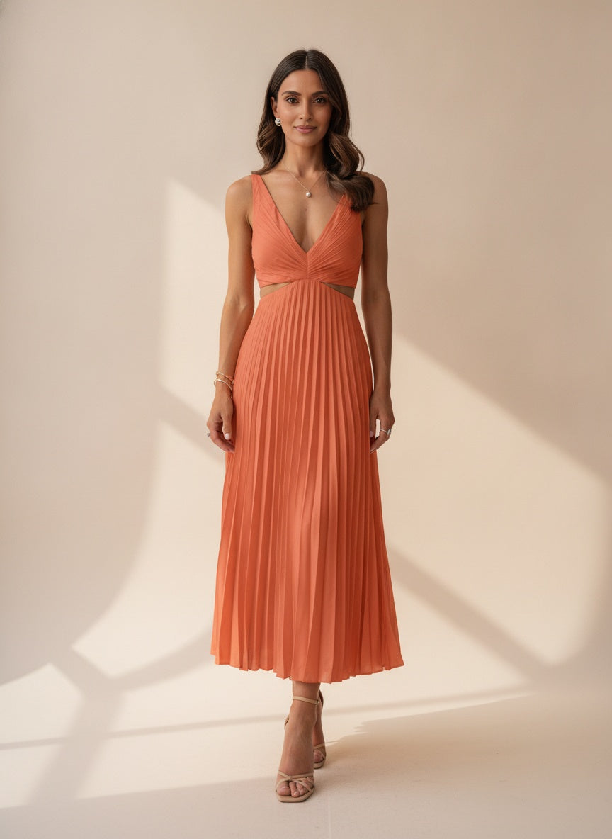 Pleated Midi Dress with Flutter Sleeves — Orange