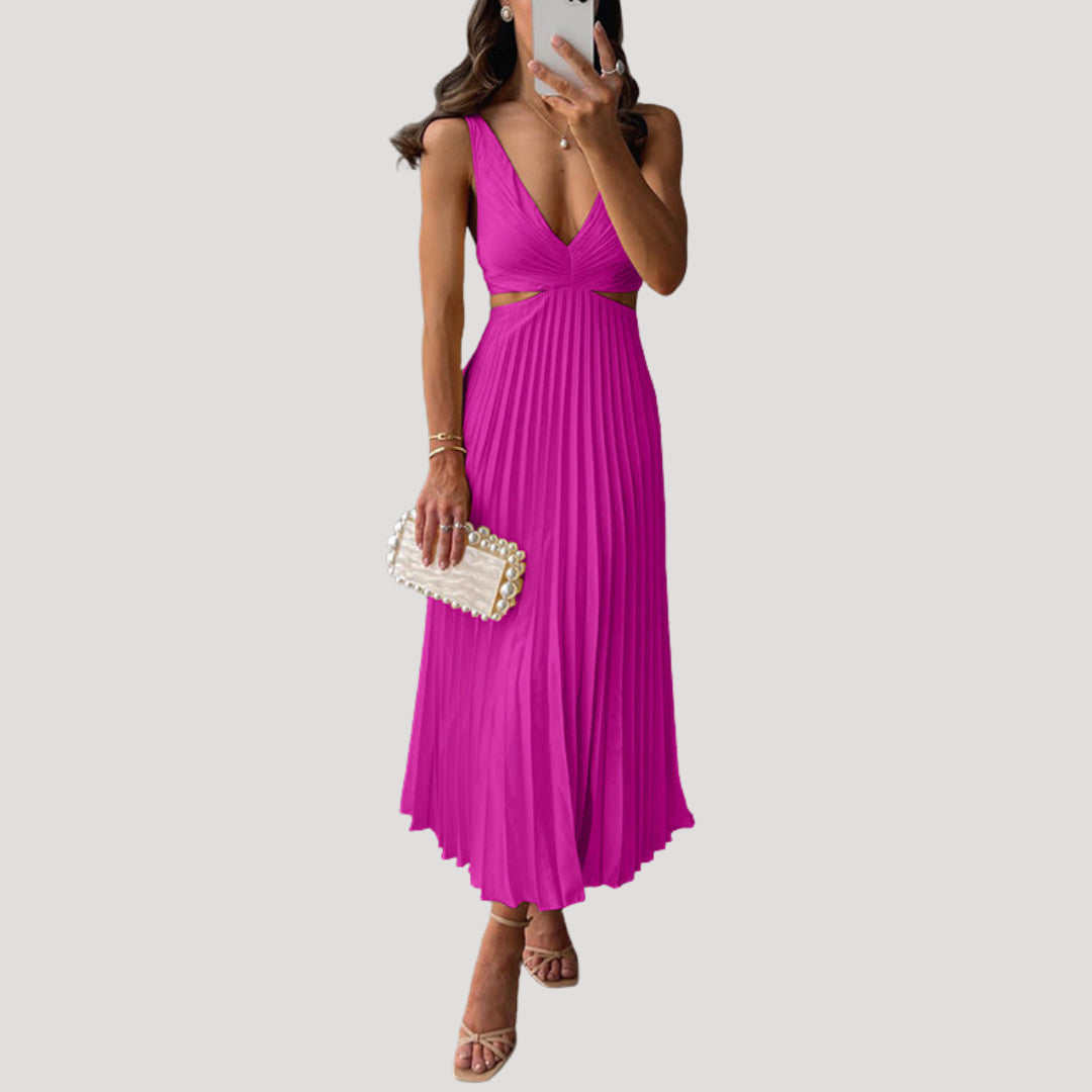 Pleated Midi Dress with Flutter Sleeves — Pink