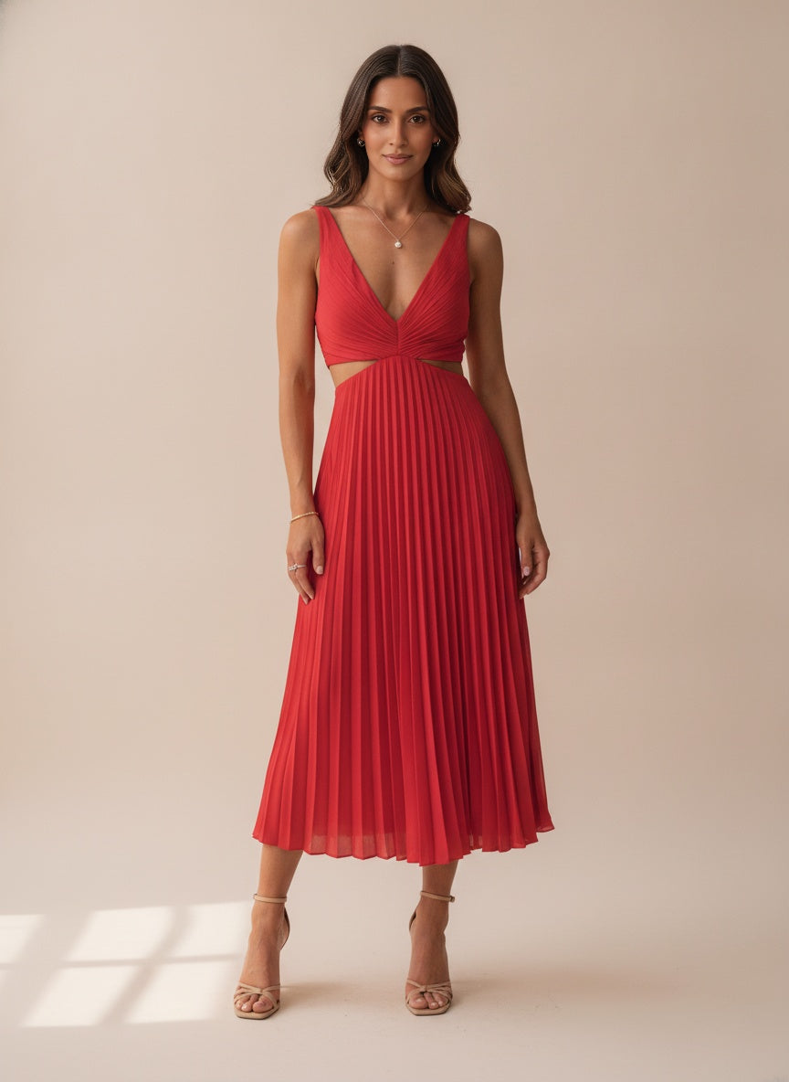 Pleated Midi Dress with Flutter Sleeves — Red