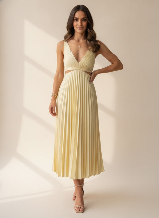 Pleated Midi Dress with Flutter Sleeves — Yellow