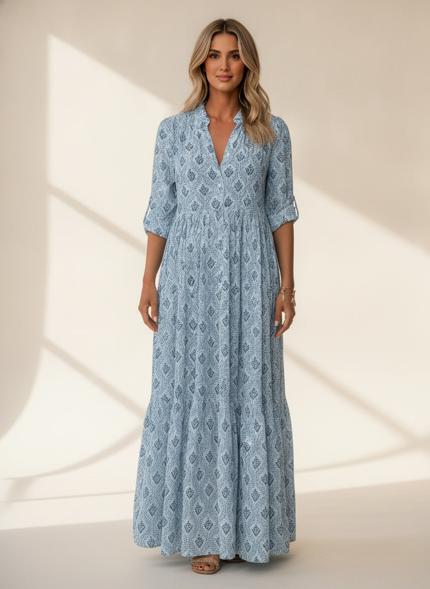 Printed Bohemian Maxi Dress — Blue