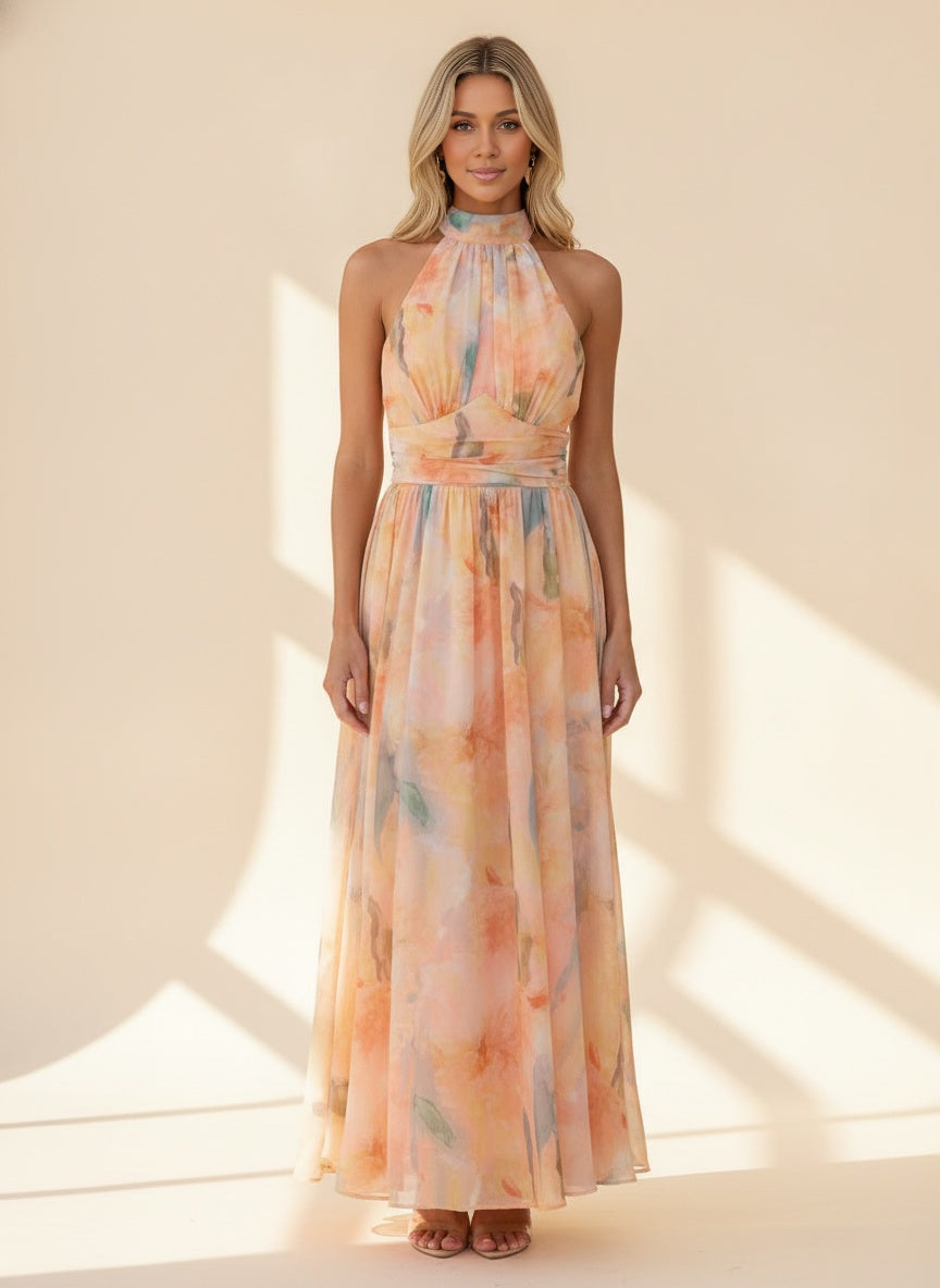 Floral Halter A-Line Midi Dress — Multicolour