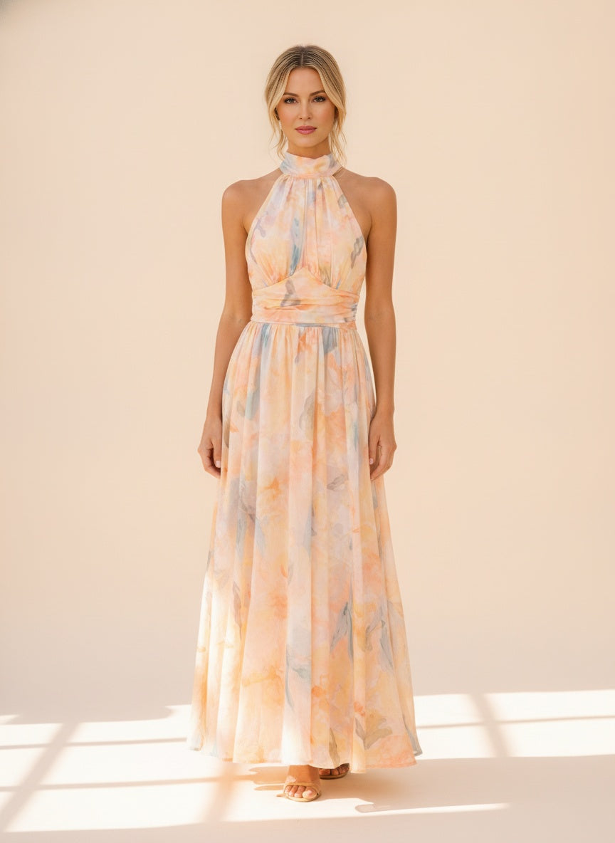 Floral Halter Neck Pleated Maxi Dress — Orange